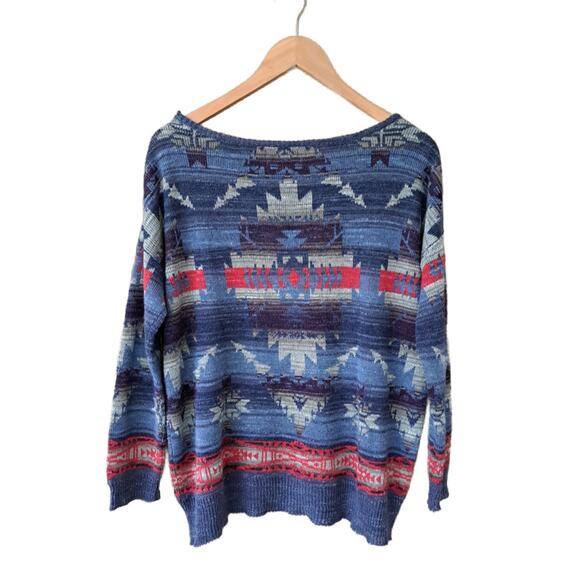 RALPH LAUREN Denim & Supply Southwest Aztec Cotton Sweater Medium Blue - Picture 7 of 8